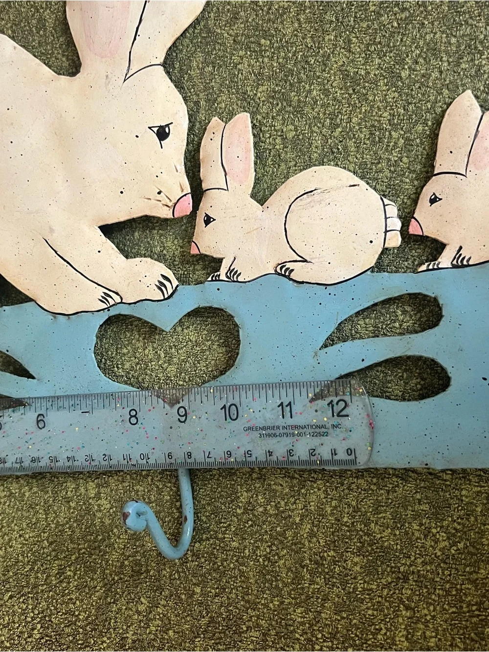 Vintage Pink Bunny Wall Hook with Blue Heart Accent